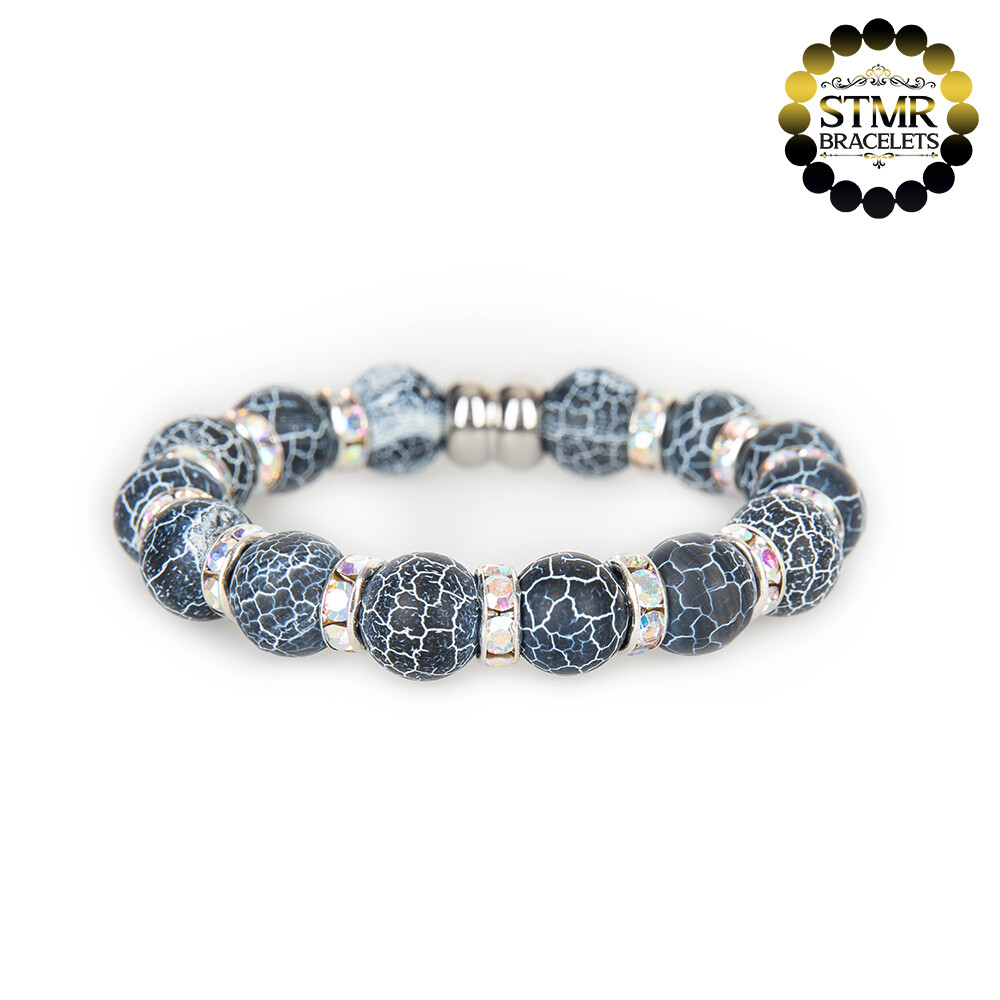 Agate Bracelet (black, frosted) / Crystal AB-Silver / 10mm Natural Stones