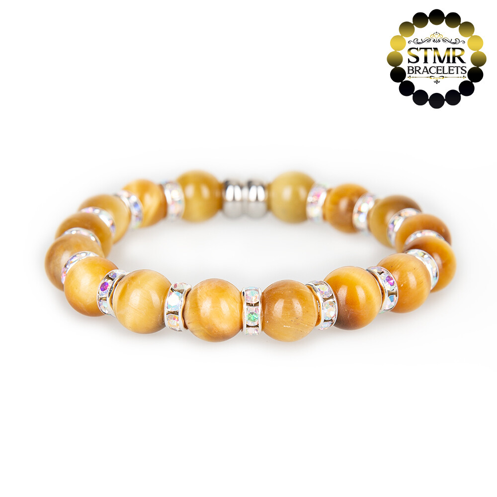 Tiger Eye Bracelet (golden yellow) / Crystal AB-Silver / 10mm Natural Stones