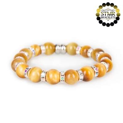 Tiger Eye Bracelet (golden yellow) / Crystal AB-Silver / 10mm Natural Stones