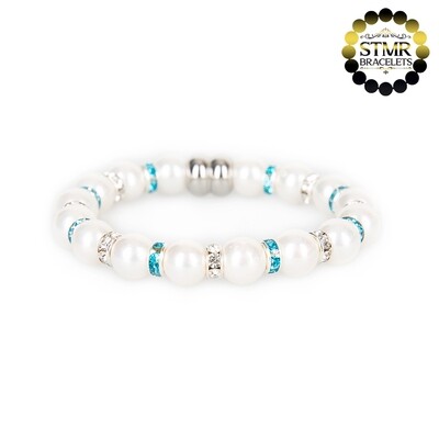 Shell Pearl Bracelet (white) / Crystal + Aquamarine-Silver / 8mm Pearls