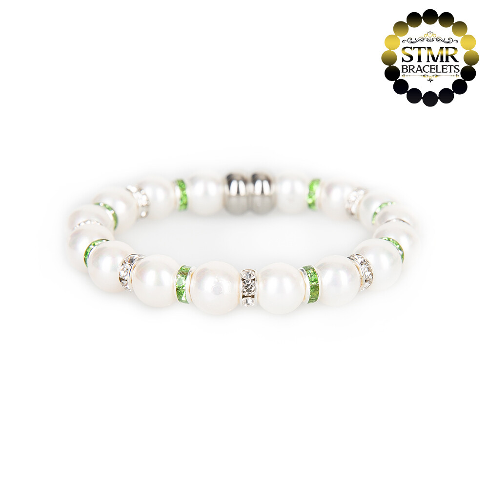 Shell Pearl Bracelet (white) / Crystal + Peridot-Silver / 8mm Pearls