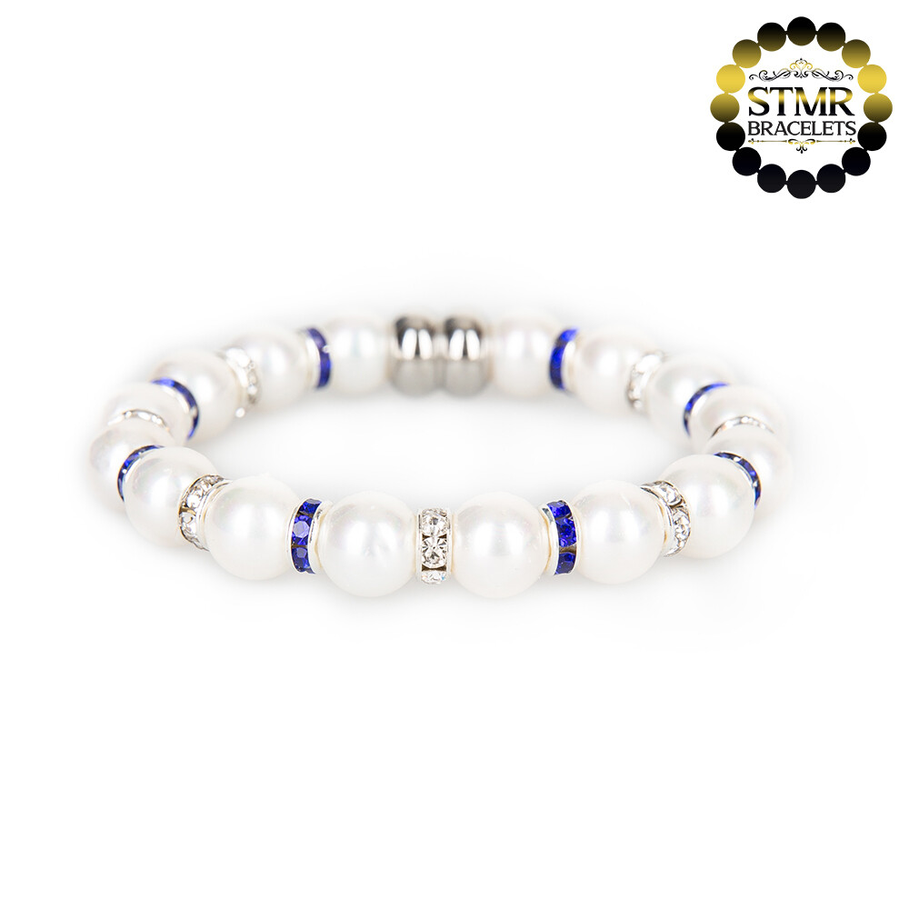 Shell Pearl Bracelet (white) / Crystal + Sapphire-Silver / 8mm Pearls