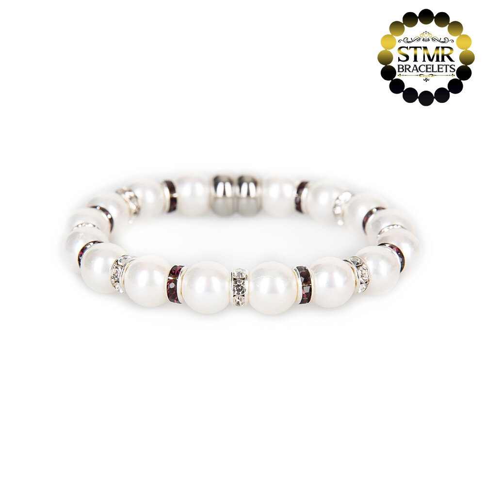 Shell Pearl Bracelet (white) / Crystal + Amethyst-Silver / 8mm Pearls