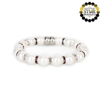 Shell Pearl Bracelet (white) / Crystal + Amethyst-Silver / 8mm Pearls