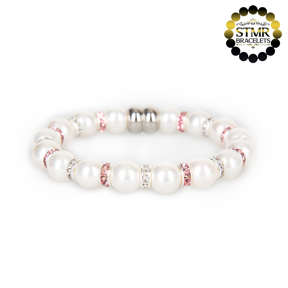 Shell Pearl Bracelet (white) / Crystal + Rose-Silver / 8mm Pearls