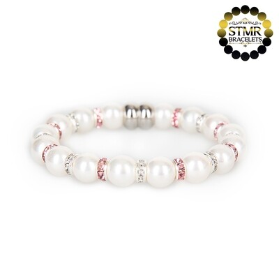 Shell Pearl Bracelet (white) / Crystal + Rose-Silver / 8mm Pearls