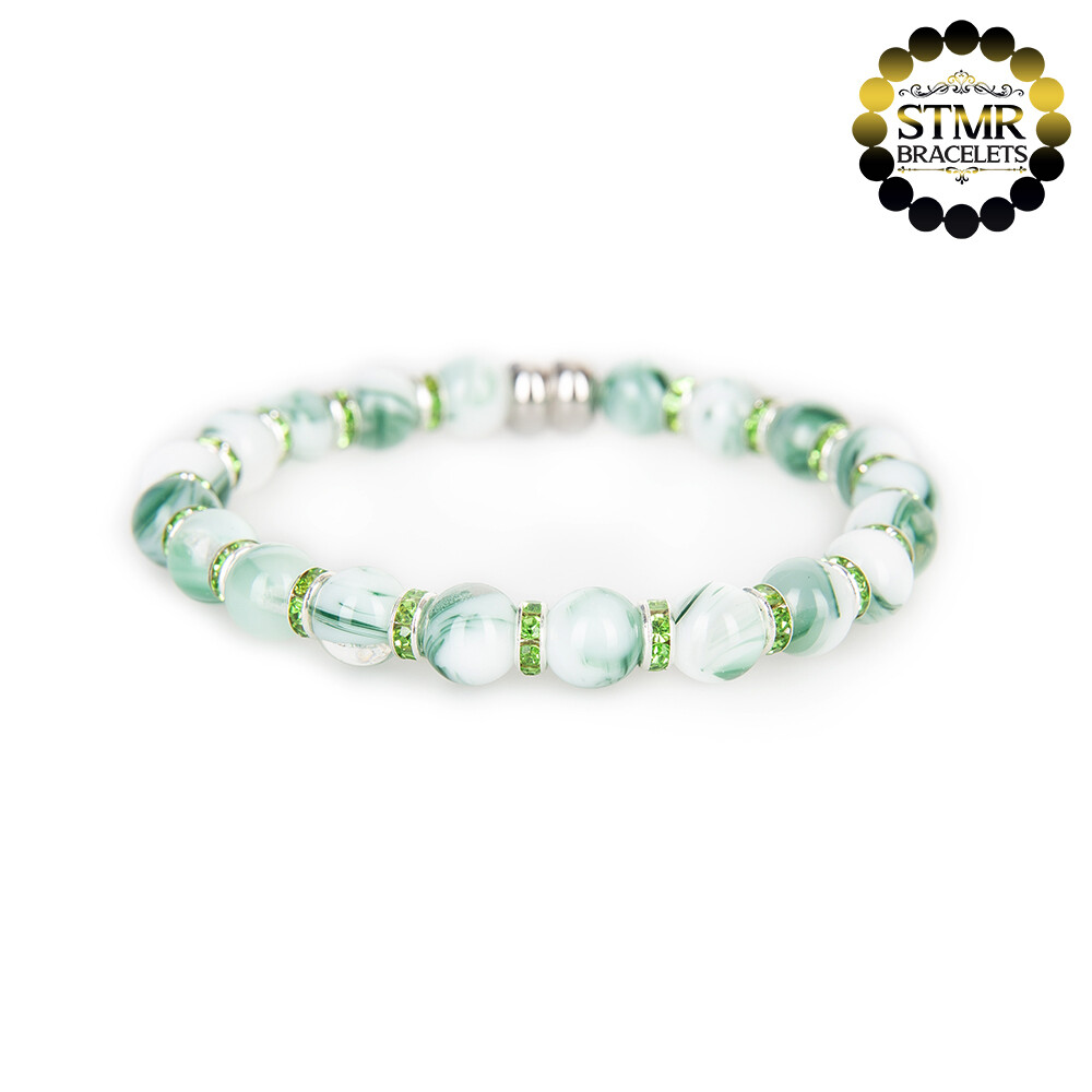 Resin Bracelet / Dark Sea Green + Peridot-Silver / 8mm Pearls