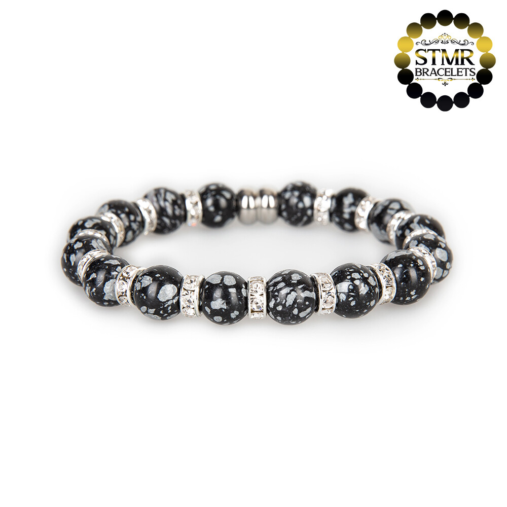 Obsidian Bracelet / Crystal-Silver / 10mm Natural Stones