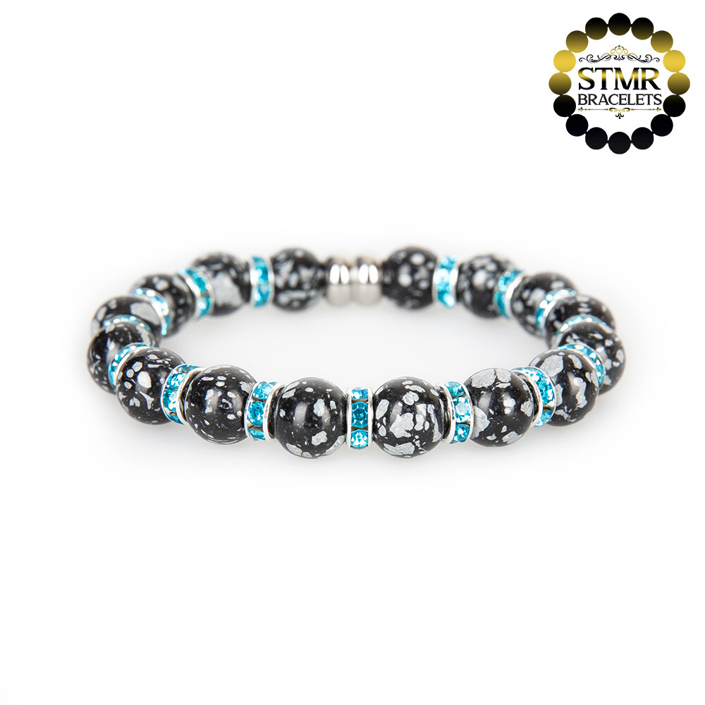 Obsidian Bracelet / Aquamarine-Silver / 10mm Natural Stones