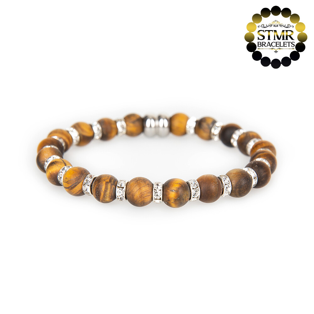 Tiger Eye Bracelet (yellow brown, frosted) / Crystal-Silver / 8mm Natural Stones