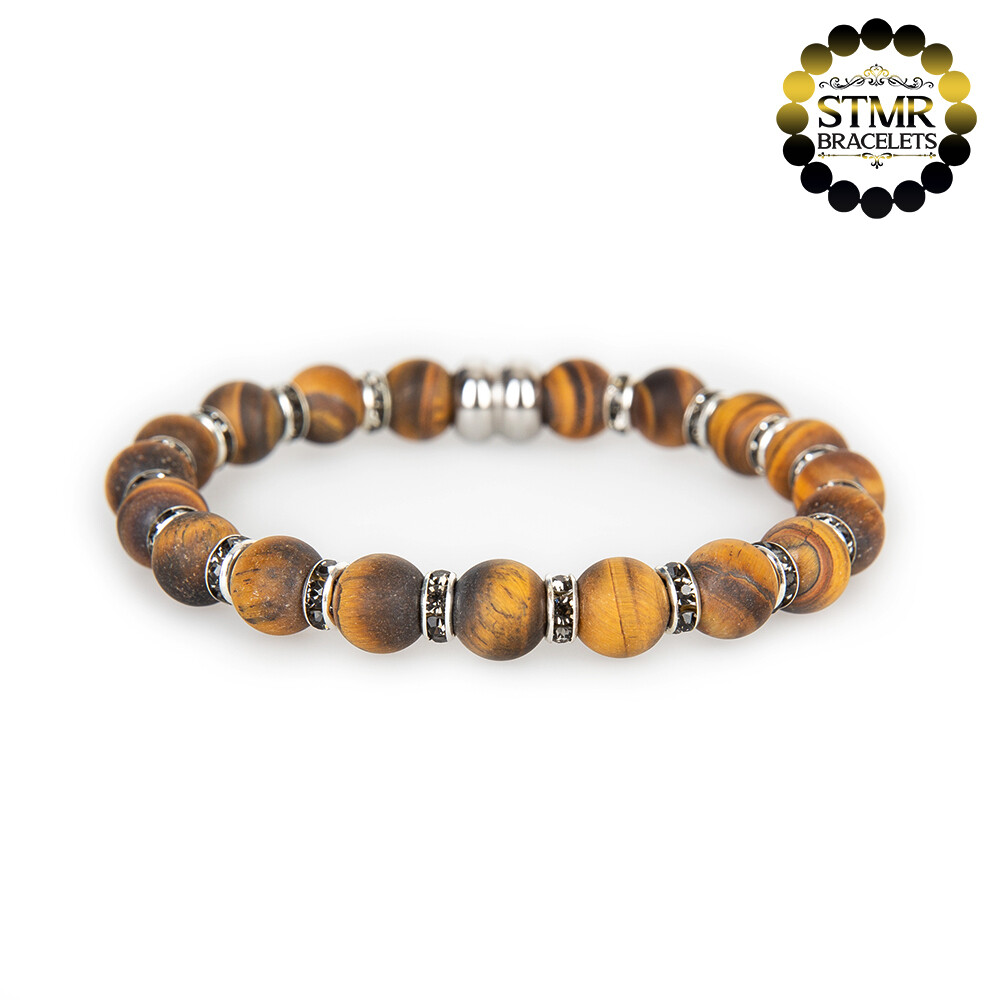 Tiger Eye Bracelet (yellow brown, frosted) / Dark Diamont-Silver / 8mm Natural Stones