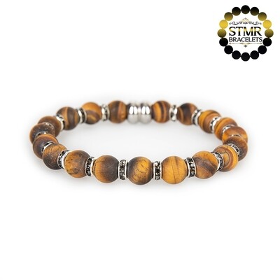Tiger Eye Bracelet (yellow brown, frosted) / Dark Diamont-Silver / 8mm Natural Stones