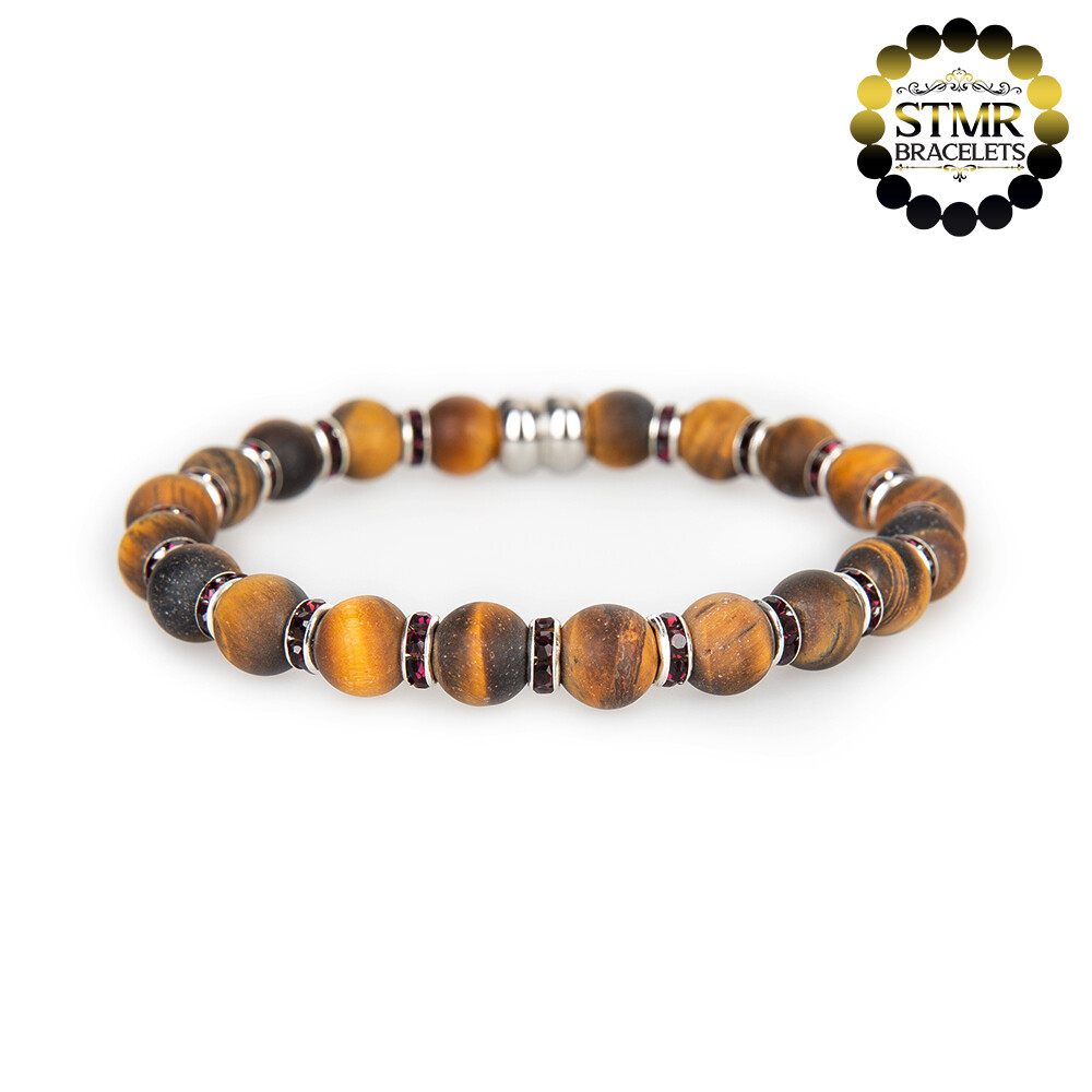 Tiger Eye Bracelet (yellow brown, frosted) / Amethyst-Silver / 8mm Natural Stones