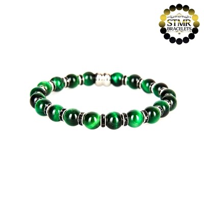 Tiger Eye Bracelet (green, shiny) / Jet-Silver / 8mm Natural Stones