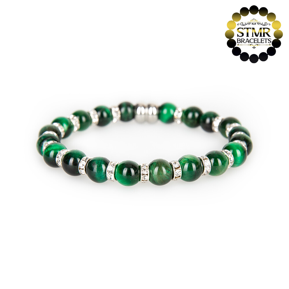 Tiger Eye Bracelet (green, shiny) / Crystal-Silver / 8mm Natural Stones