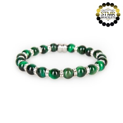 Tiger Eye Bracelet (green, shiny) / Crystal-Silver / 8mm Natural Stones