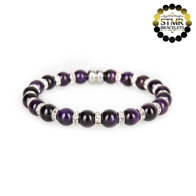 Tiger Eye Bracelet (Indigo, shiny) / Crystal-Silver / 8mm Natural Stones