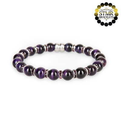 Tiger Eye Bracelet (Indigo, shiny) / Amethyst-Silver / 8mm Natural Stones