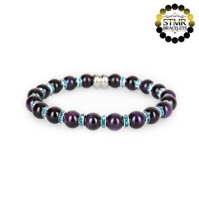 Tiger Eye Bracelet (Indigo, shiny) / Aquamarine-Silver / 8mm Natural Stones