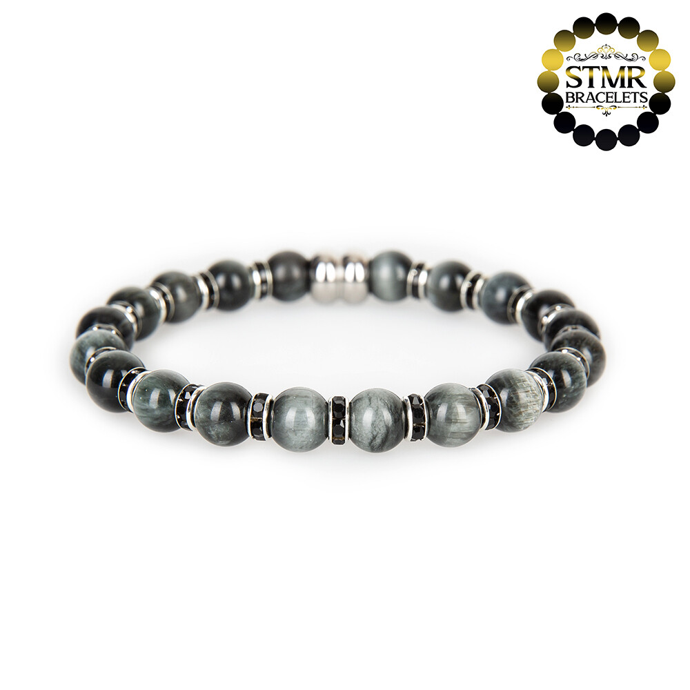 Eagle Eye Bracelet / Jet-Silver / 8mm Natural Stones