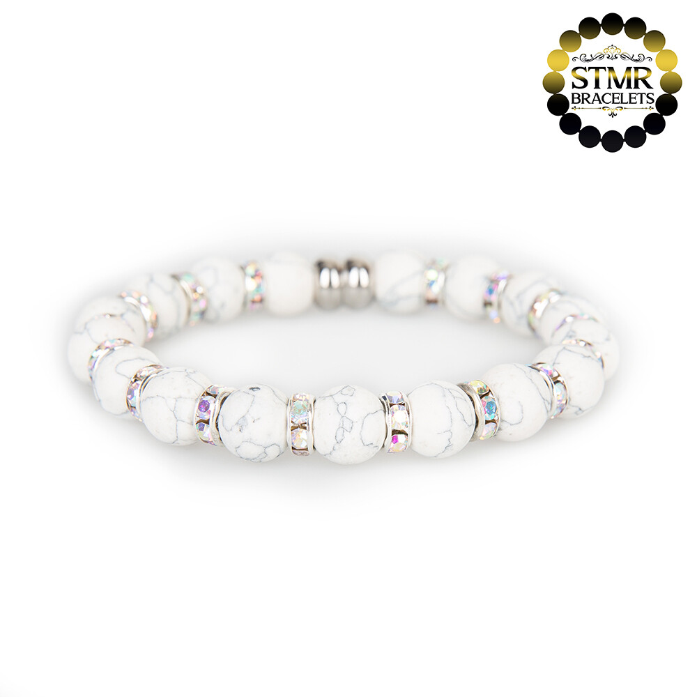 Howlite Bracelet / Crystal AB-Silver / 10mm Natural Stones
