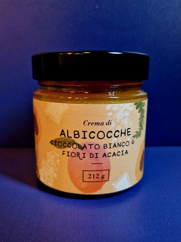 Crema di albicocca, cioccolato bianco e fiori di acacia  212g