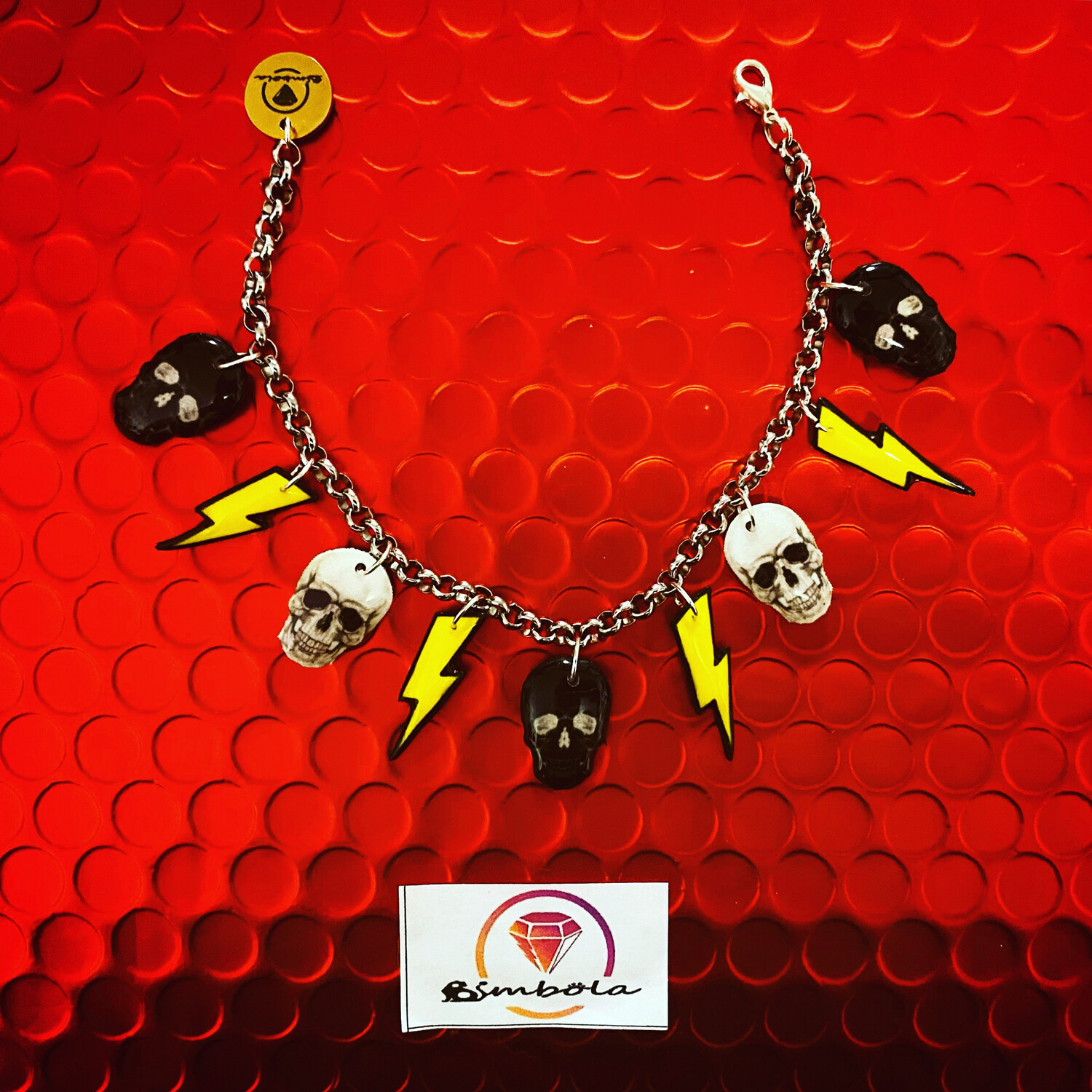 Bimbolina pulsera calaveras y rayos pulsera rock bracelet glitter pulsera acero charms pulsera rockera skull bracelet 