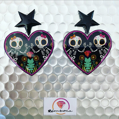 PENDIENTES CALAVERA SKULL EARRINGS HANDMADE FREAK HALLOWEEN HEART CORAZÓN AMISTAD 