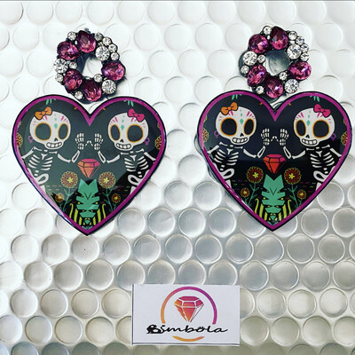 PENDIENTES CALAVERA SKULL EARRINGS HANDMADE FREAK HALLOWEEN HEART CORAZÓN AMISTAD 