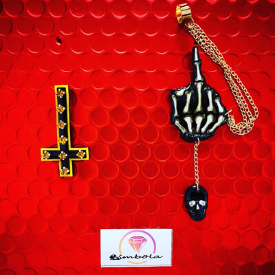 PENDIENTES CALAVERA CRUZ CROSS WOMAN EARRINGS HANDMADE FREAK BLACK SKULL CADENA CHAIN 
