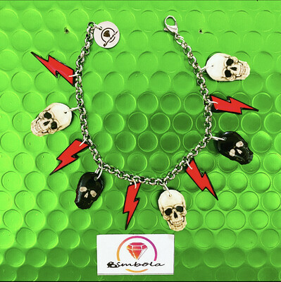 Bimbolina pulsera calaveras y rayos pulsera rock bracelet glitter pulsera acero charms pulsera rockera skull bracelet 