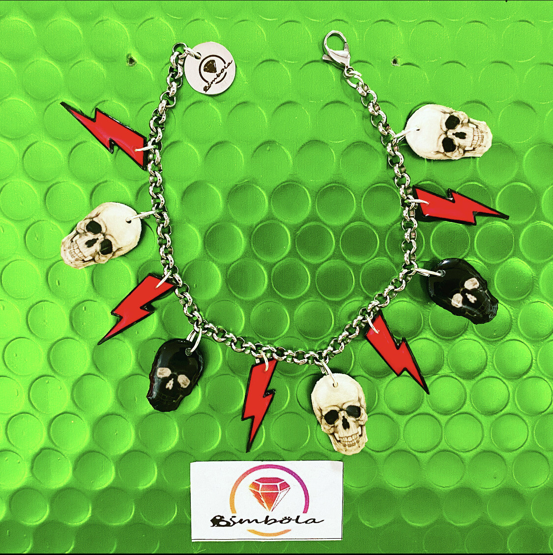 Bimbolina pulsera calaveras y rayos pulsera rock bracelet glitter pulsera acero charms pulsera rockera skull bracelet 