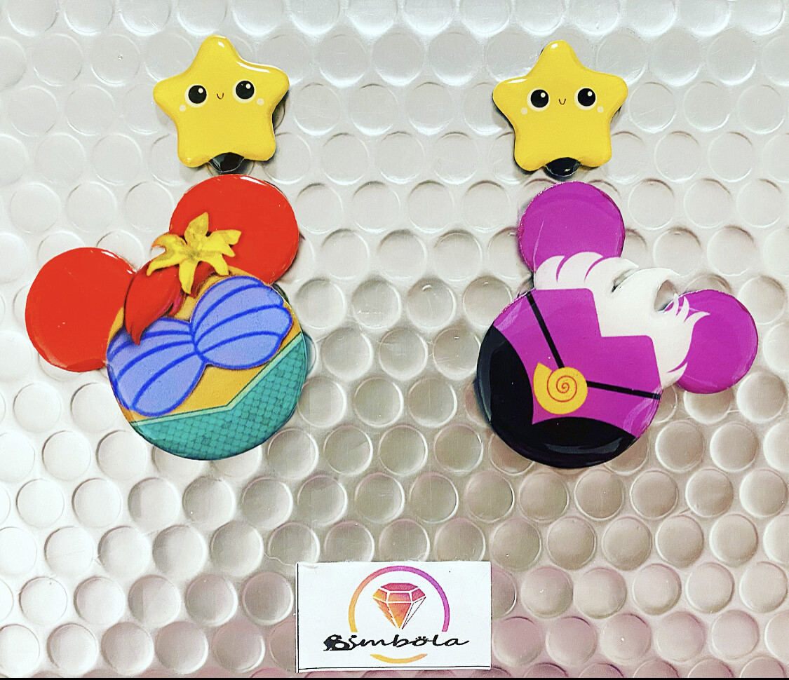 Pendientes Sirenita Úrsula mouse head earrings funny glitter handmade villana ursula mermaid Ariel