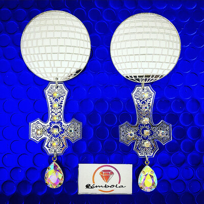 PENDIENTES DISCO EARRINGS PENDIENTES CRUZ INVERTIDA PLATEADA ESPEJADA SILVER CROSS EARRINGS HANDMADE FREAK