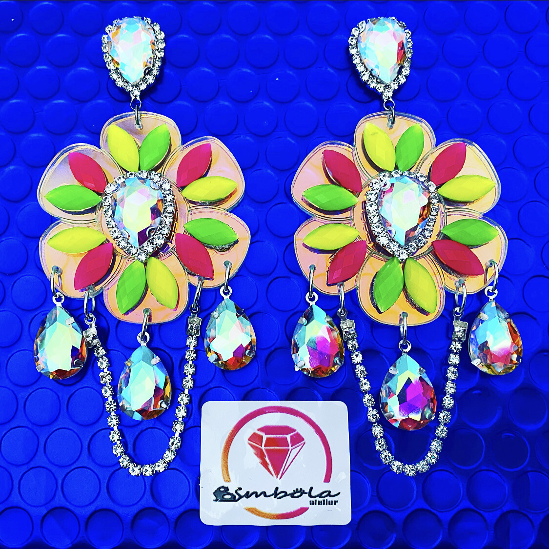 PENDIENTES FLORES PENDIENTES METACRILATO HOLOGRÁFICO STRASS PENDIENTES FLÚOR VERANO ROSAS