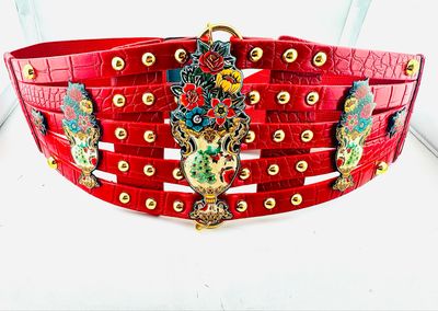 Cinto elástico cinturón jarrón abuela flores polipiel ajustable fajín cintura cuero vegano piel sintética diseño exclusivo @Ente.Shop