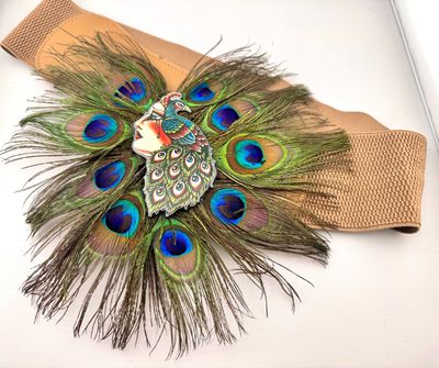 Cinto pava cinturón fajín cintura cuero vegano plumas pavo real diseño exclusivo @Ente.Shop