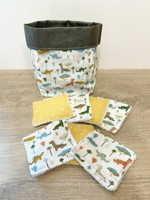 Ensemble : Panière motifs dinosaures et doublure enduite kaki et ses lingettes lavables