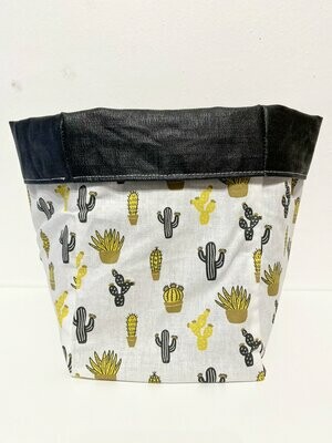 Panière motifs cactus jaunes et noirs et doublure lin enduit noir
