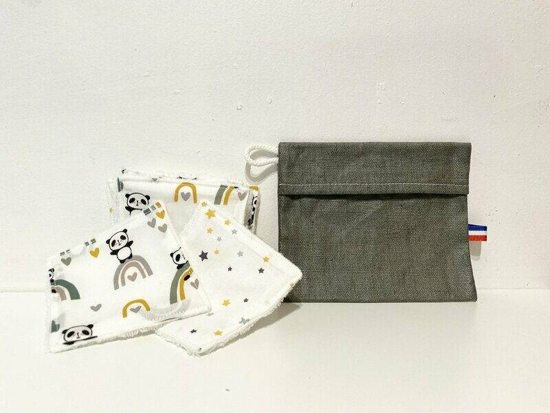 Ensemble lingettes lavables motifs panda et arc en ciel et pochette de transport lin enduit kaki