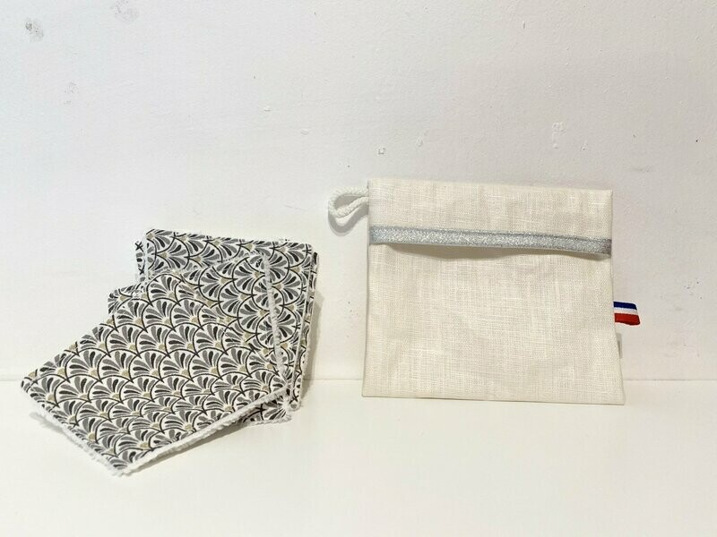 Ensemble lingettes lavables motifs camaïeu gris pochette de transport lin enduit blanc et ruban argenté