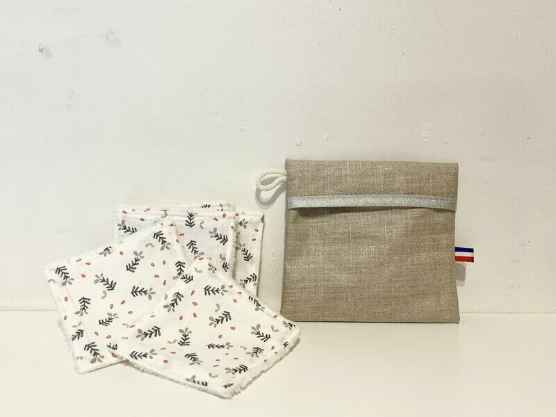 Ensemble lingettes lavables fleurs grises et pochette de transport coton enduit beige et ruban argenté