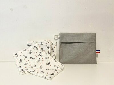 Ensemble lingettes lavables fleurs grises et pochette de transport coton enduit gris perle