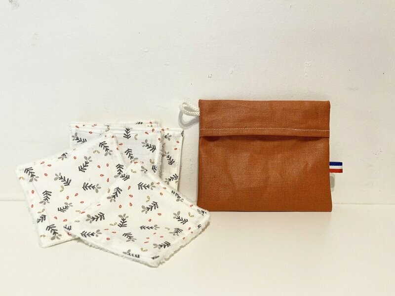 Ensemble lingettes lavables fleurs grises et pochette de transport lin enduit rouge