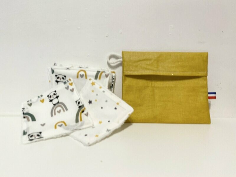 Ensemble lingettes lavables motifs panda et arc en ciel et pochette de transport coton enduit moutarde