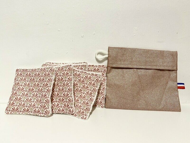 Ensemble lingettes lavables motifs géométriques camaïeu roses et pochette de transport lin enduit rose pailletté