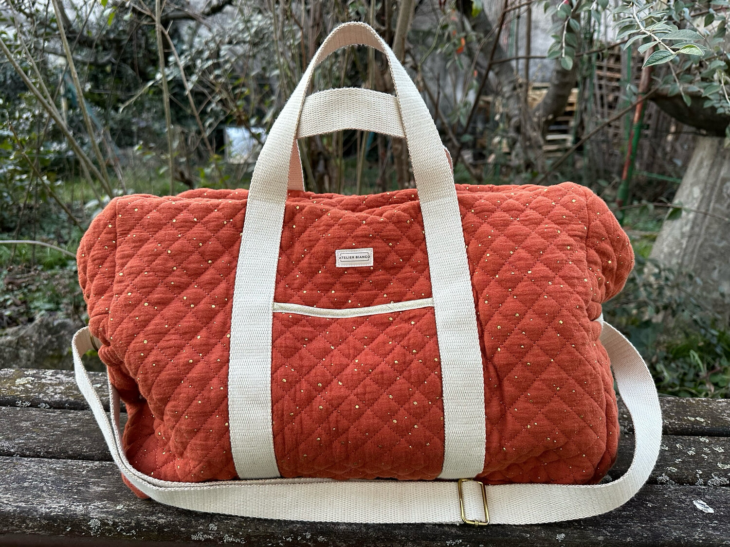 Sac à langer / Sac week-end rouille/terracotta à pois dorés