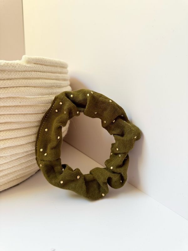 Chouchou double gaze à pois doré couleur "vert olive"