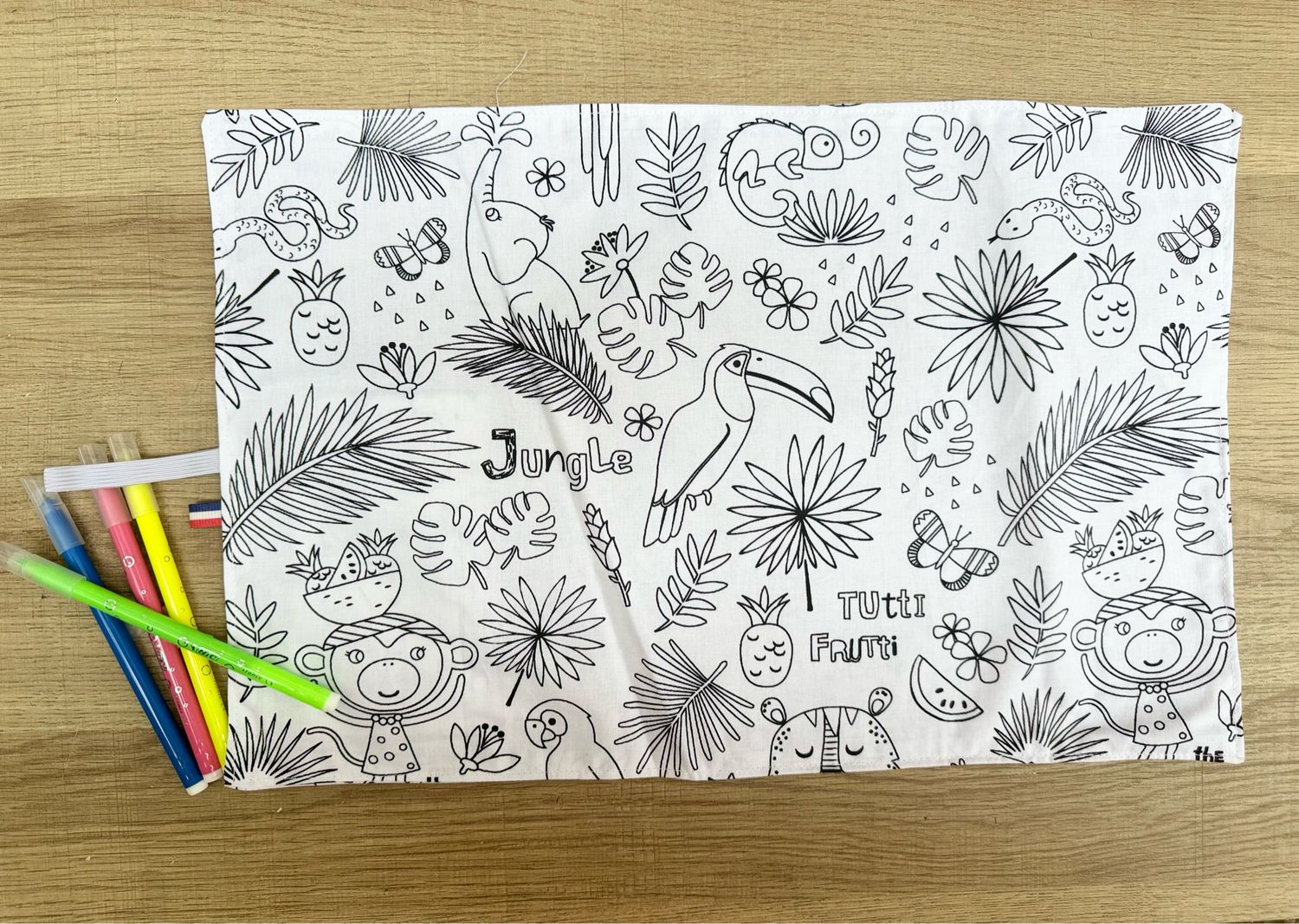 Set de table à colorier lavable, motifs alphabet (recto) & jungle (verso)
