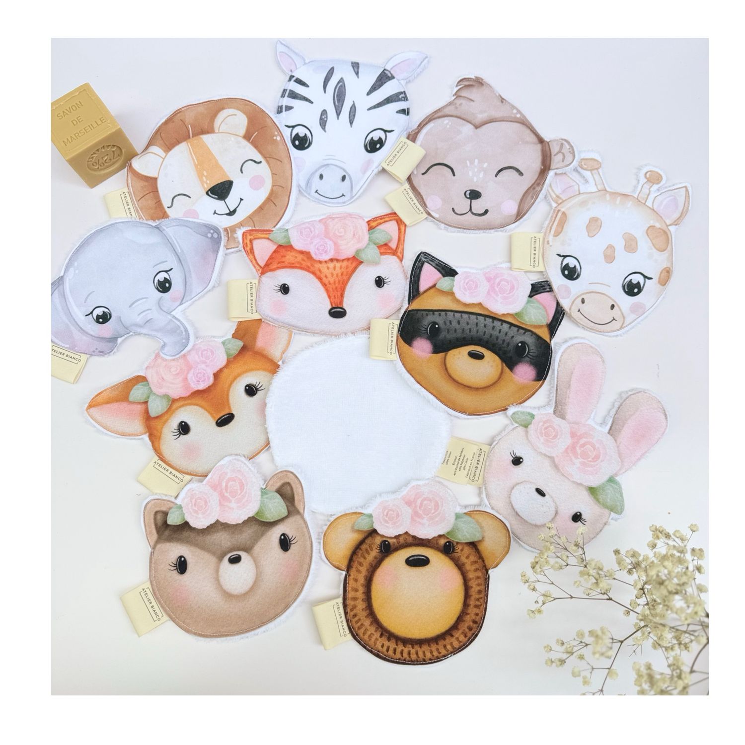 Lot de 3 lingettes lavables "frimousses d'animaux"